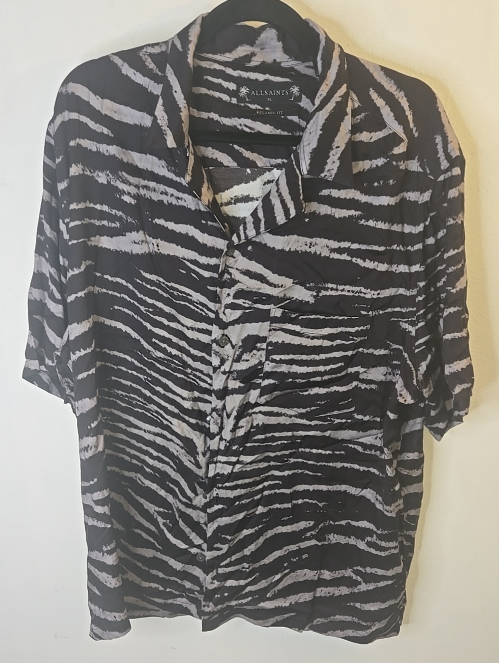 All Saints Black & Gray Zebra Print Short Sleeve Shirt